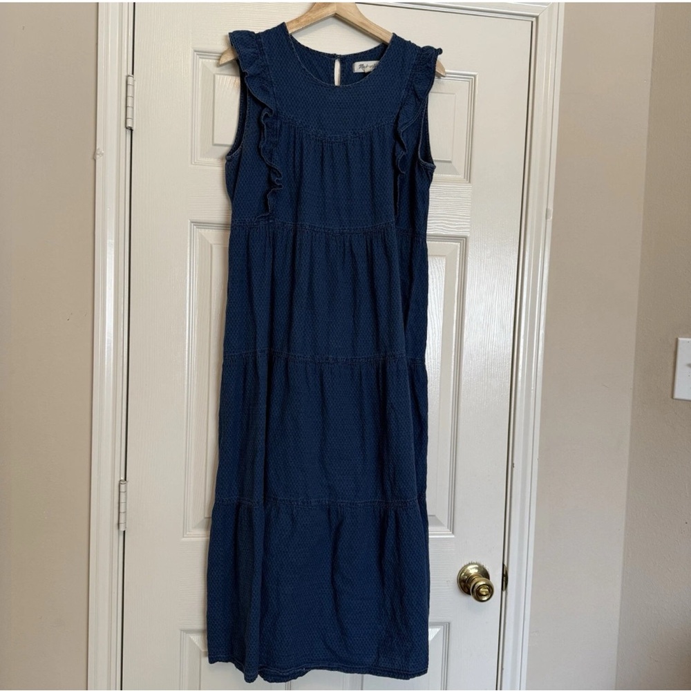 MADEWELL Women's L Indigo Blue Ruffled-Bodice Cotton Tiered Boho Midi Dress - Picture 2 of 7